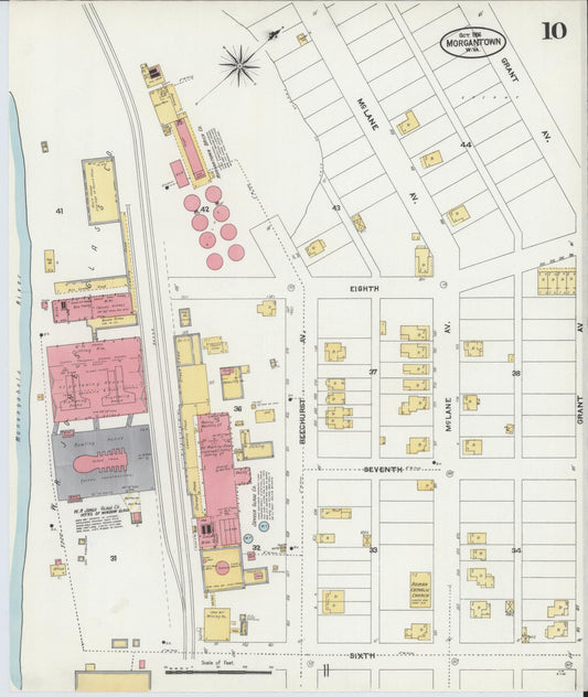 Sanborn Fire Insurance Map from Morgantown, Monongalia County, West Virginia (1906), Sheet #0010 - Historic Sanborn Fire Insurance Map Print, vintage old map wall art, antique decor, genealogy gift, West Virginia West Virginia map