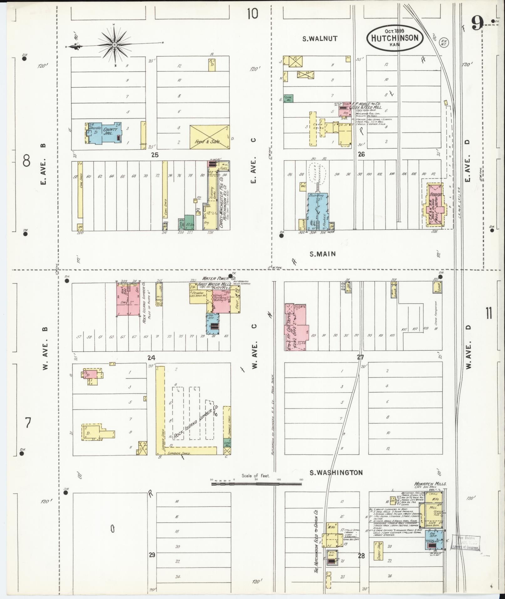 Sanborn Fire Insurance Map from Hutchinson, Reno County, Kansas (1899), Sheet #0009 - Complete Map Set gallery image, historic Sanborn map, vintage wall art, Kansas Kansas
