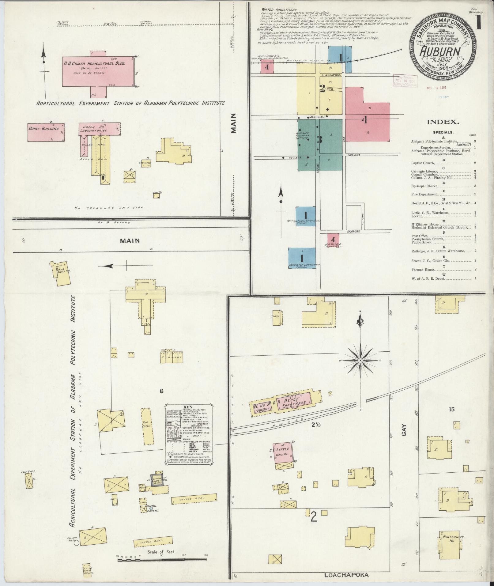 Sanborn Fire Insurance Map from Auburn, Lee County, Alabama (1909), Sheet #0001 - Historic Sanborn Fire Insurance Map Print, vintage old map wall art, antique decor, genealogy gift, Alabama Alabama map