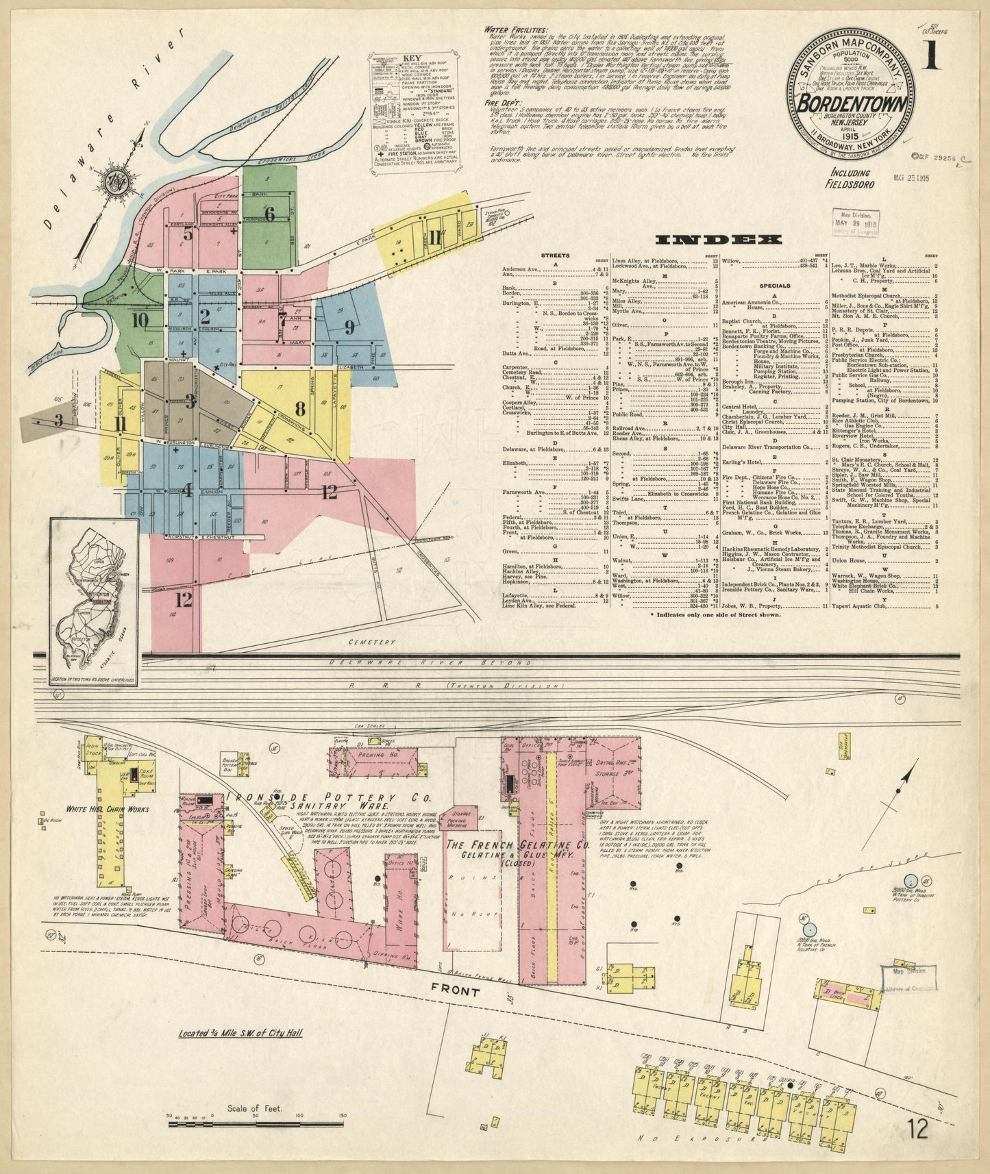 Sanborn Fire Insurance Map from Bordentown, Burlington County, New Jersey (1915), Sheet #0001 - Historic Sanborn Fire Insurance Map Print, vintage old map wall art, antique decor, genealogy gift, New Jersey New Jersey map
