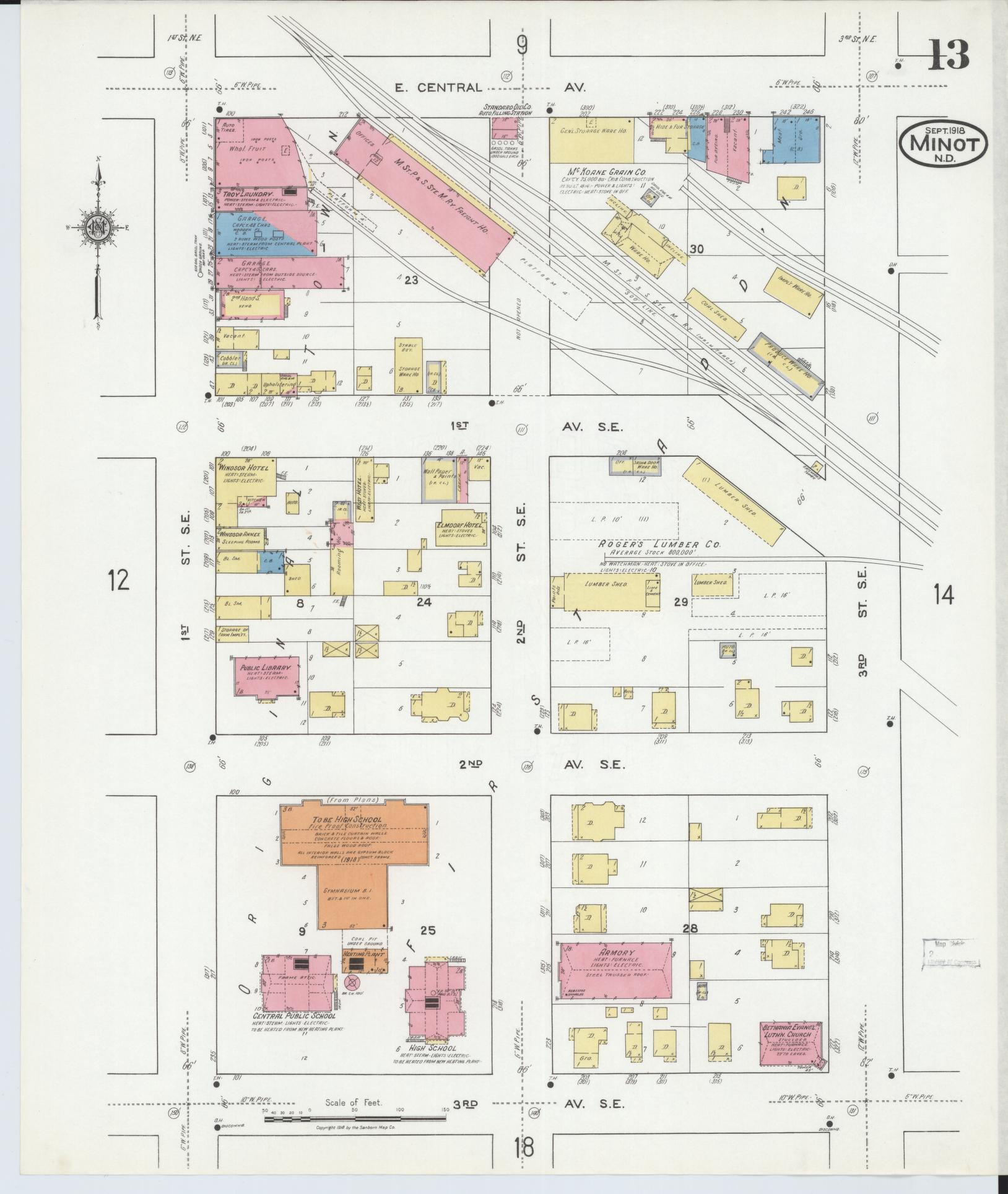 Sanborn Fire Insurance Map from Minot, Ward County, North Dakota (1918), Sheet #0013 - Historic Sanborn Fire Insurance Map Print, vintage old map wall art, antique decor, genealogy gift, North Dakota North Dakota map