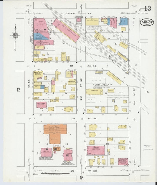 Sanborn Fire Insurance Map from Minot, Ward County, North Dakota (1918), Sheet #0013 - Historic Sanborn Fire Insurance Map Print, vintage old map wall art, antique decor, genealogy gift, North Dakota North Dakota map