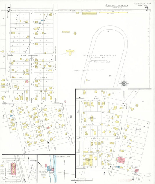 Sanborn Fire Insurance Map from Monticello, Jones County, Iowa (1935), Sheet #0007 - Historic Sanborn Fire Insurance Map Print, vintage old map wall art