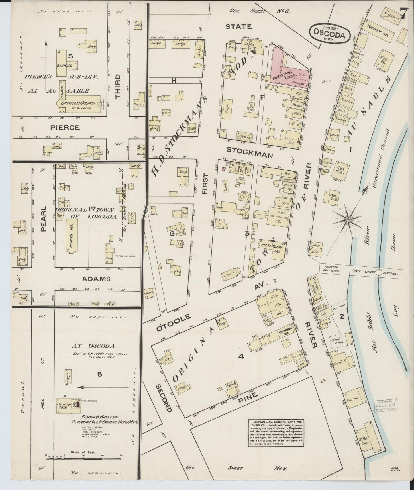 Sanborn Fire Insurance Map from Oscoda, Iosco County, Michigan (1884), Sheet #0007 - Historic Sanborn Fire Insurance Map Print, vintage old map wall art, antique decor, genealogy gift, Michigan Michigan map