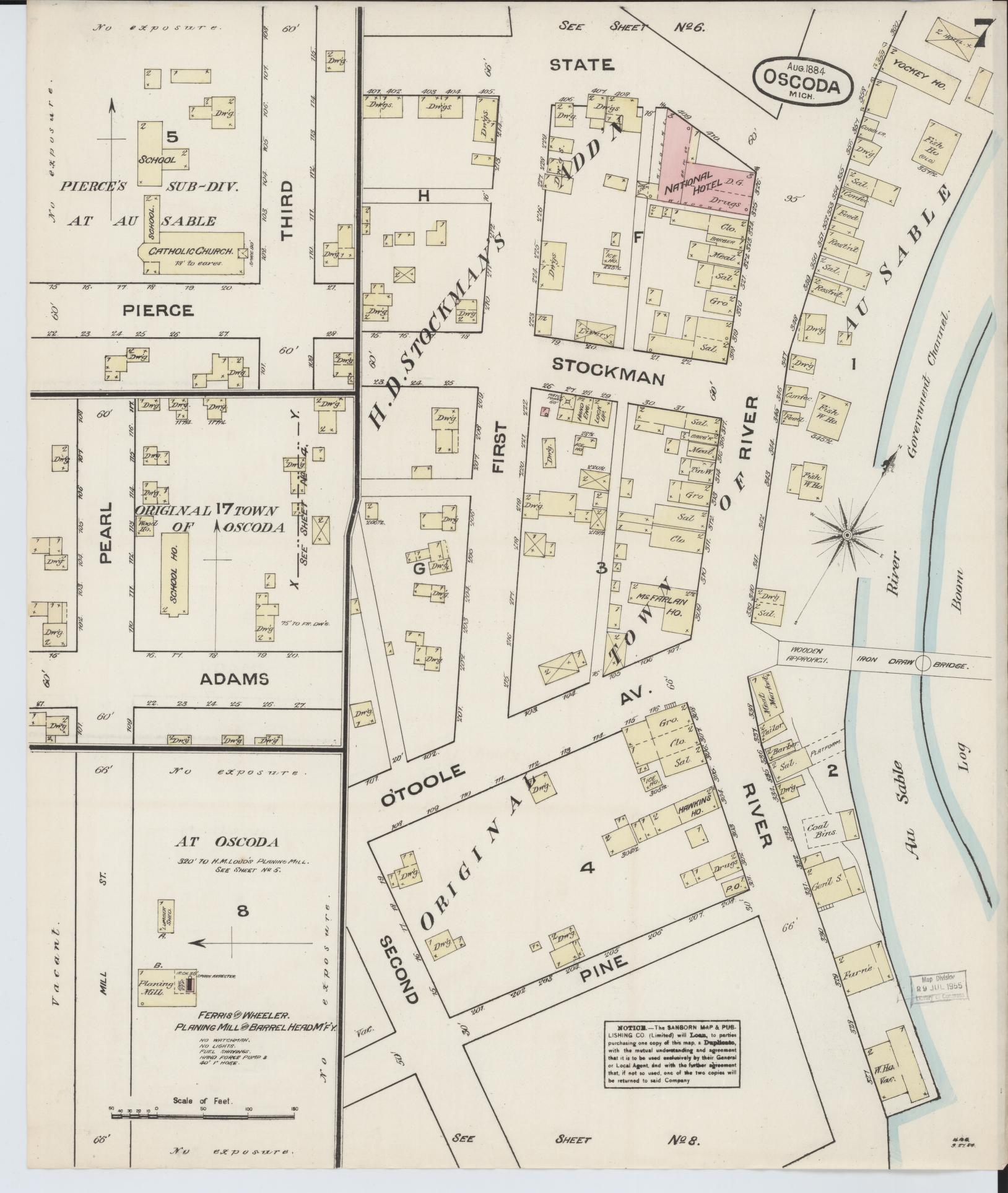 Sanborn Fire Insurance Map from Oscoda, Iosco County, Michigan (1884), Sheet #0007 - Historic Sanborn Fire Insurance Map Print, vintage old map wall art, antique decor, genealogy gift, Michigan Michigan map
