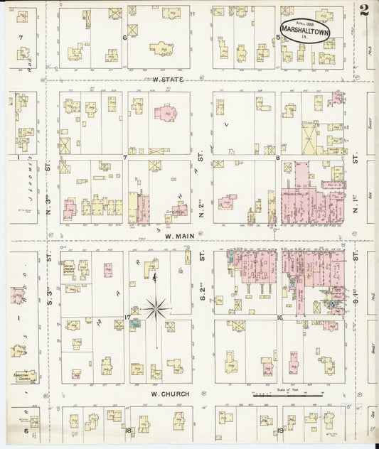Sanborn Fire Insurance Map from Marshalltown, Marshall County, Iowa (1888), Sheet #0002 - Historic Sanborn Fire Insurance Map Print, vintage old map wall art