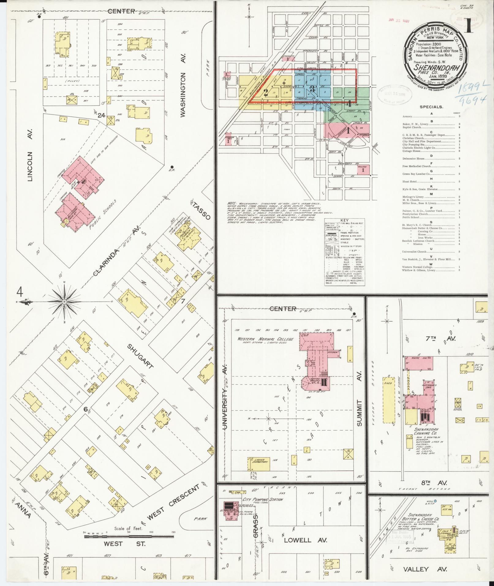 Sanborn Fire Insurance Map from Shenandoah, Page County, Iowa (1899), Sheet #0001 - Historic Sanborn Fire Insurance Map Print, vintage old map wall art