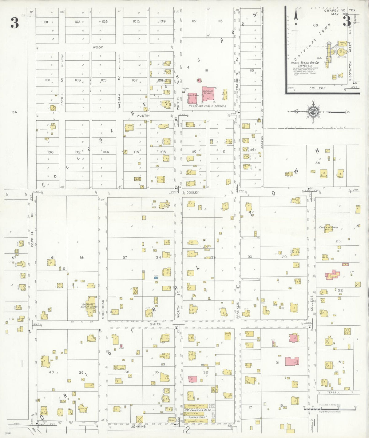 Sanborn Fire Insurance Map from Grapevine, Tarrant County, Texas (1935), Sheet #0003 - Historic Sanborn Fire Insurance Map Print, vintage old map wall art, antique decor, genealogy gift, Texas Texas map