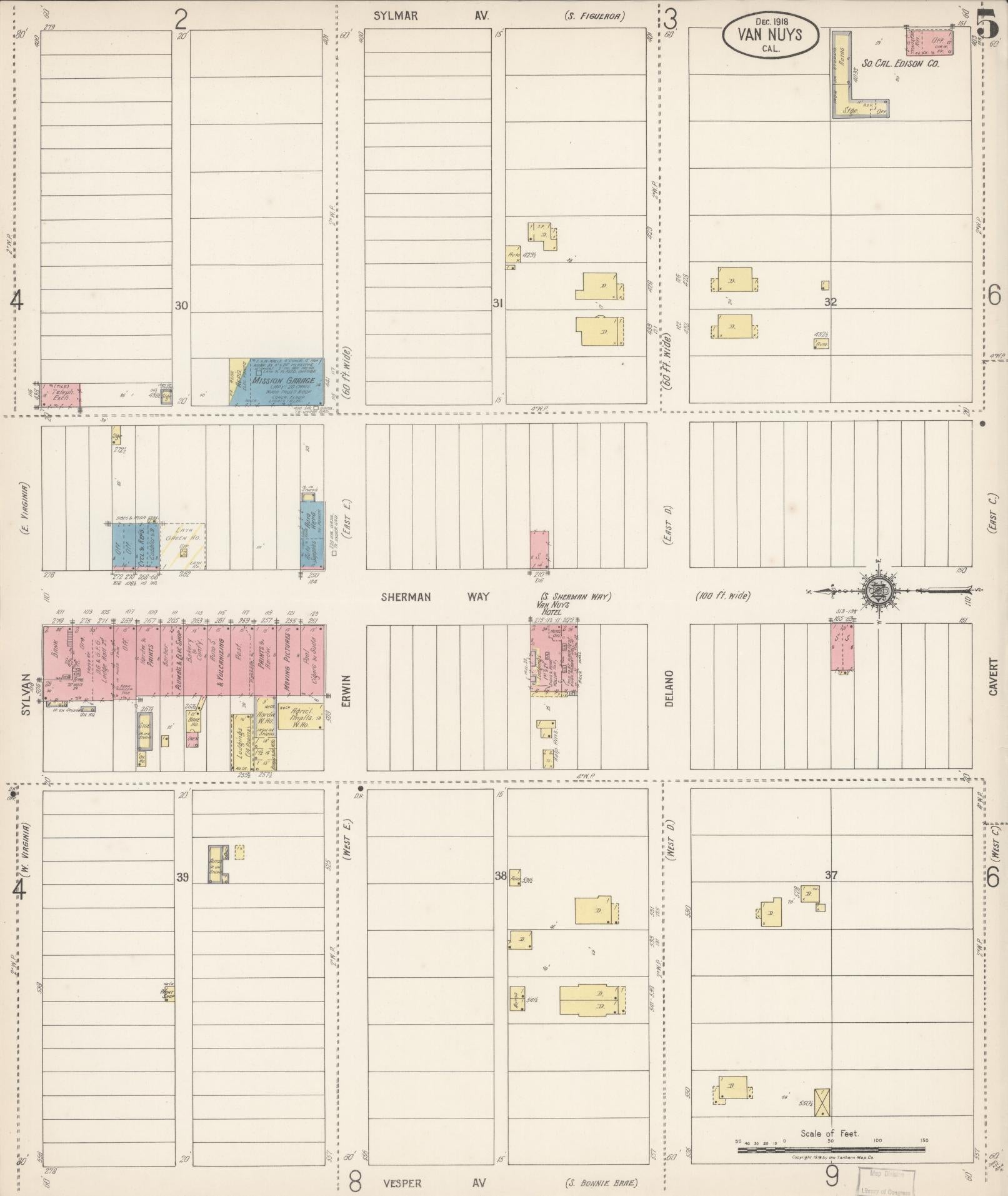Sanborn Fire Insurance Map from Van Nuys, Los Angeles County, California (1918), Sheet #0005 - Complete Map Set gallery image, historic Sanborn map, vintage wall art, California California