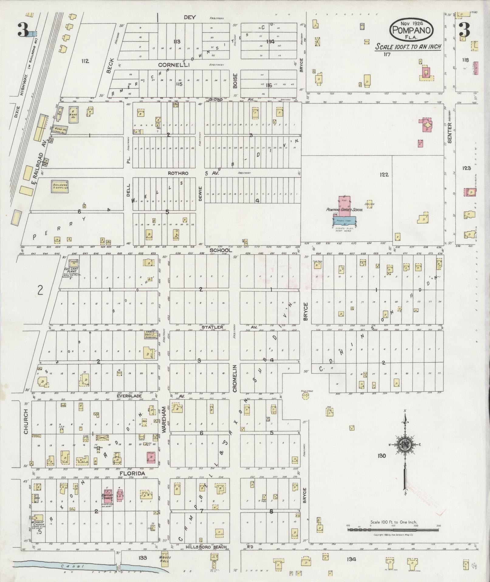 Sanborn Fire Insurance Map from Pompano, Broward County, Florida (1924), Sheet #0003 - Historic Sanborn Fire Insurance Map Print, vintage old map wall art, antique decor, genealogy gift, Florida Florida map