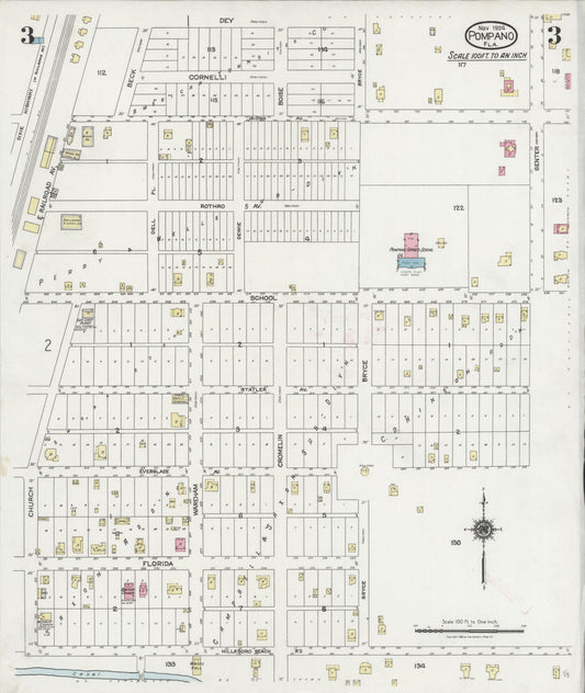 Sanborn Fire Insurance Map from Pompano, Broward County, Florida (1924), Sheet #0003 - Historic Sanborn Fire Insurance Map Print, vintage old map wall art, antique decor, genealogy gift, Florida Florida map