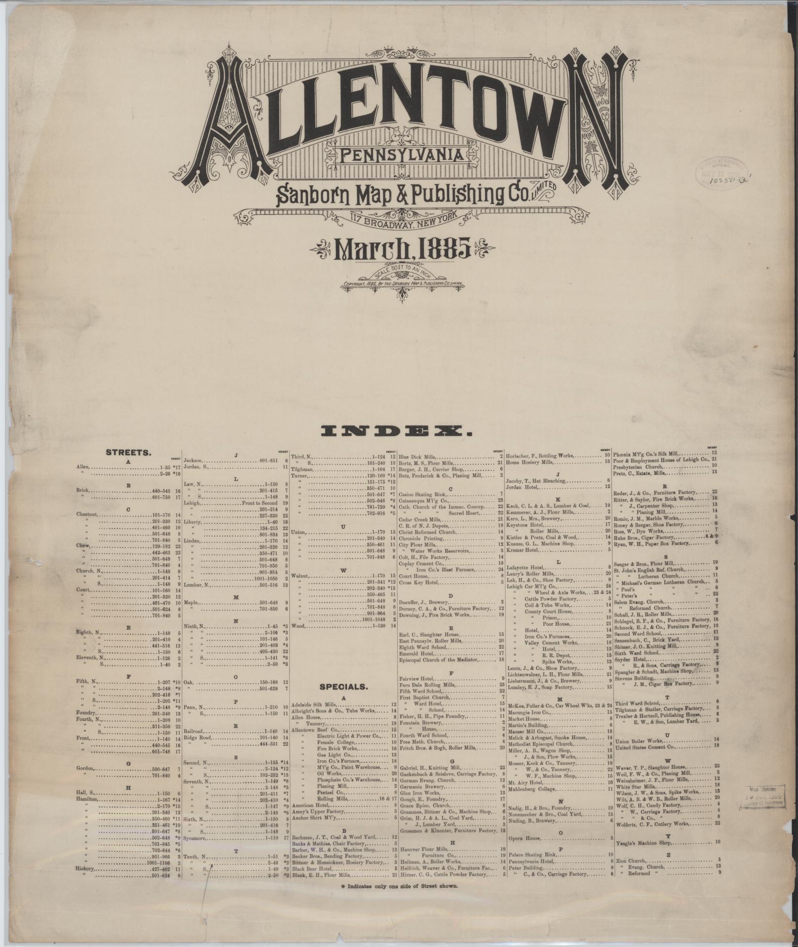 Sanborn Fire Insurance Map from Allentown, Lehigh County, Pennsylvania. (1885) – Historic Sanborn Fire Insurance Map Print