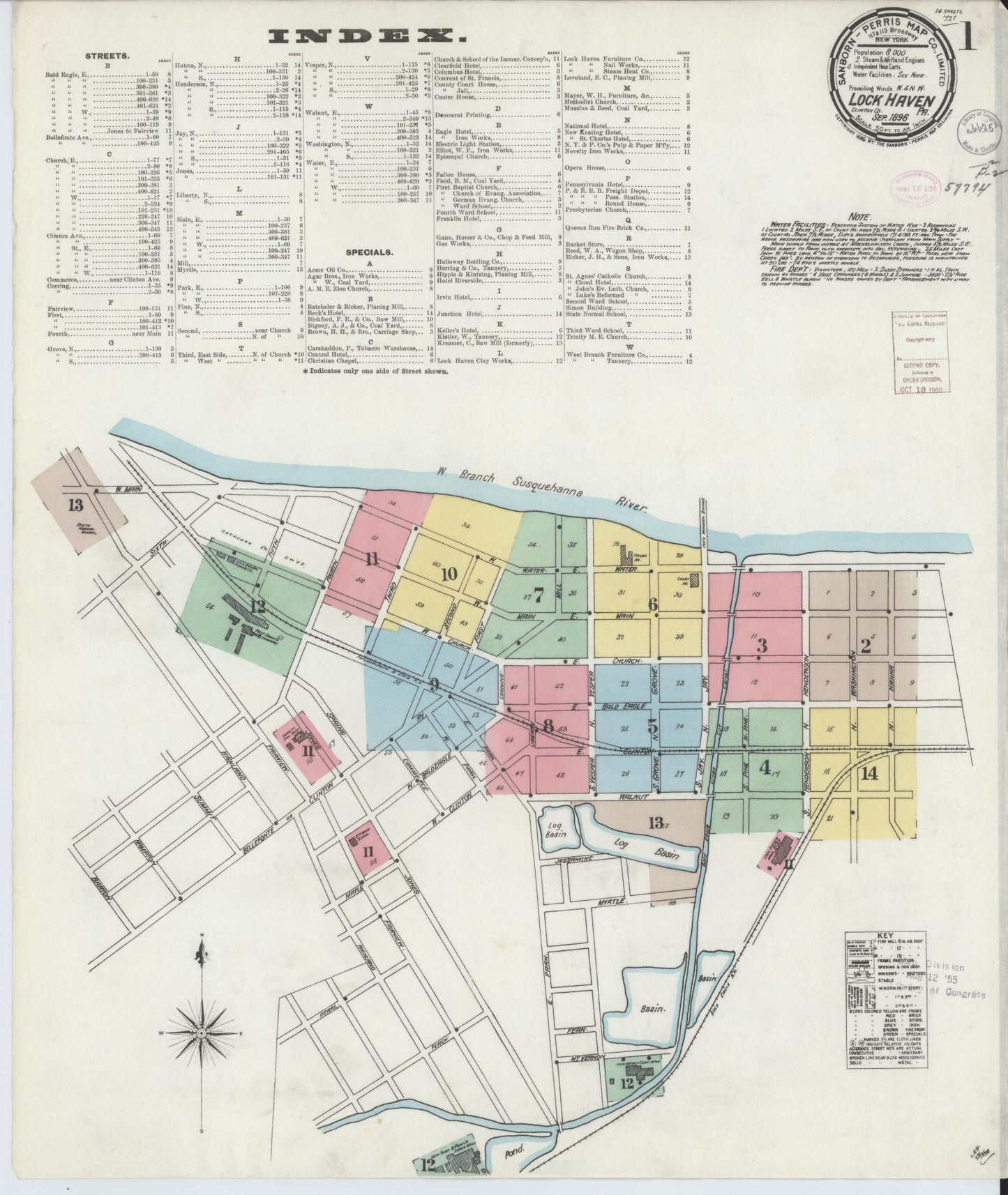 Sanborn Fire Insurance Map from Lock Haven, Clinton County, Pennsylvania (1896), Sheet #0001 - Historic Sanborn Fire Insurance Map Print, vintage old map wall art, antique decor, genealogy gift, Pennsylvania Pennsylvania map