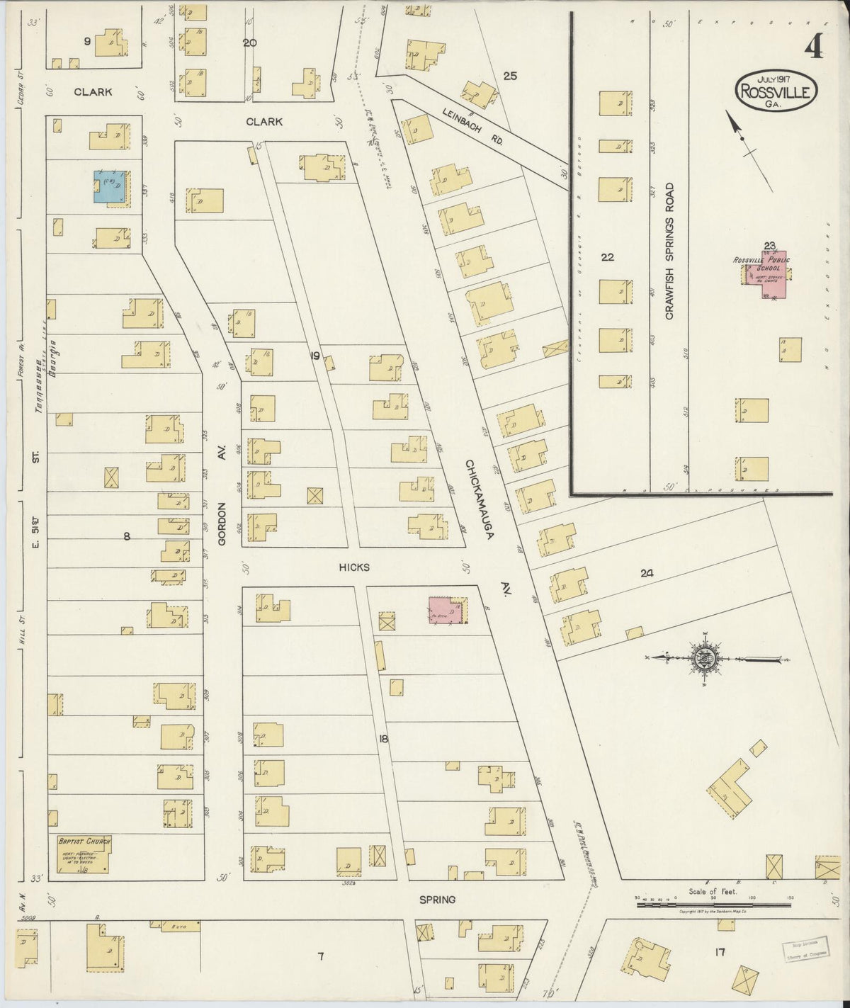 Sanborn Fire Insurance Map from Rossville, Walker County, Georgia (1917), Sheet #0004 - Historic Sanborn Fire Insurance Map Print, vintage old map wall art, antique decor, genealogy gift, Georgia Georgia map