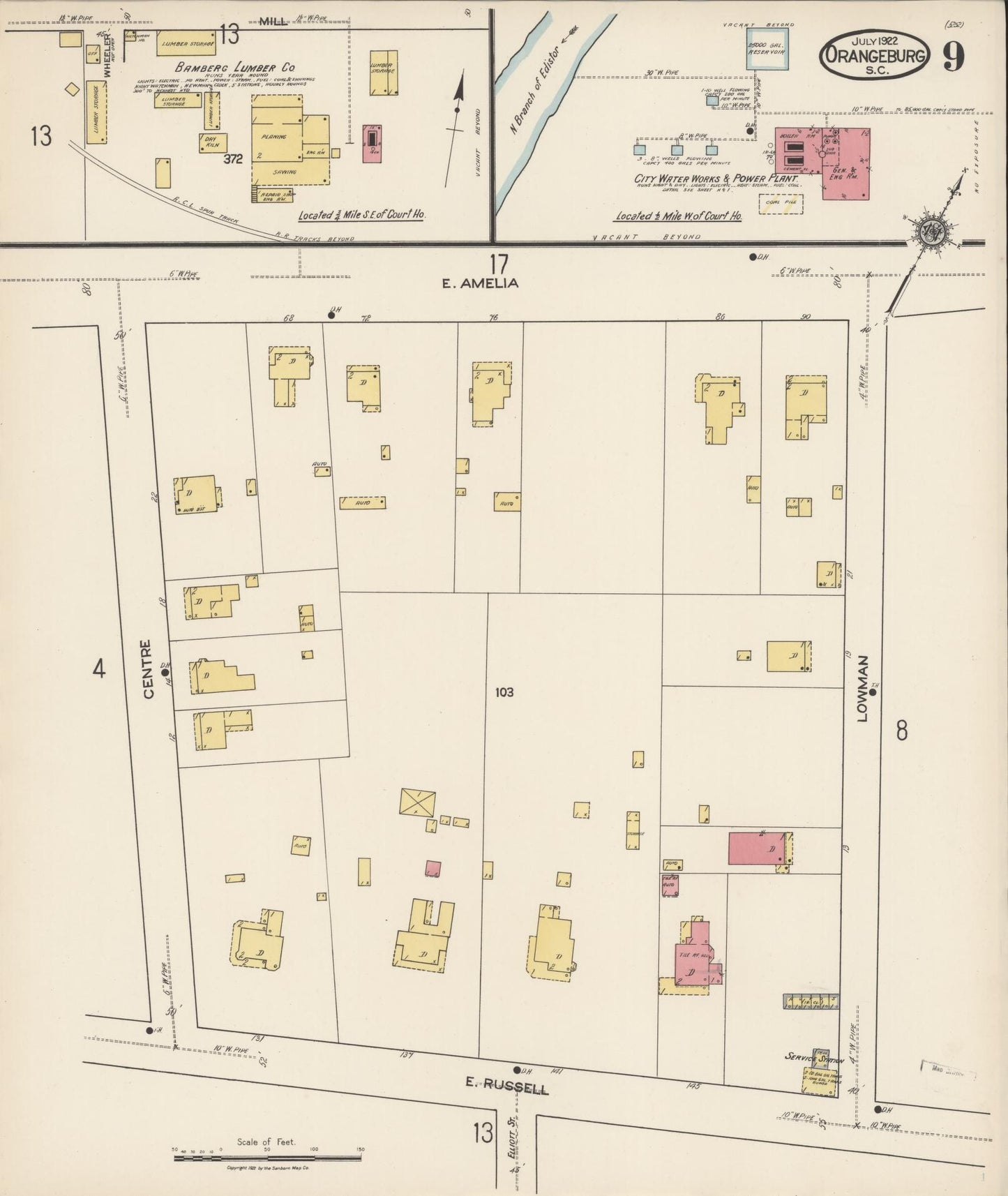 Sanborn Fire Insurance Map from Orangeburg, Orangeburg County, South Carolina (1922), Sheet #0009 - Complete Map Set gallery image, historic Sanborn map, vintage wall art, South Carolina South Carolina