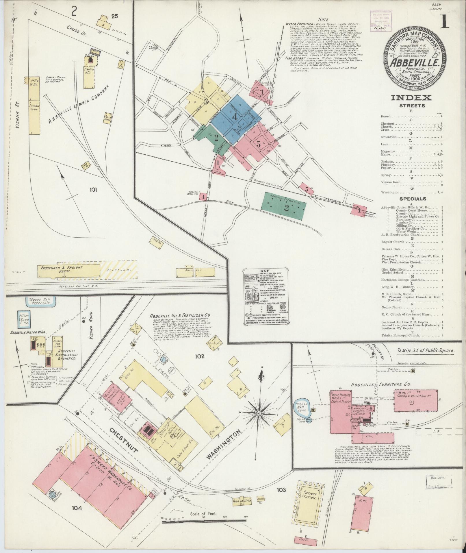 Sanborn Fire Insurance Map from Abbeville, Abbeville County, South Carolina (1906), Sheet #0001 - Complete Map Set gallery image, historic Sanborn map, vintage wall art, South Carolina South Carolina