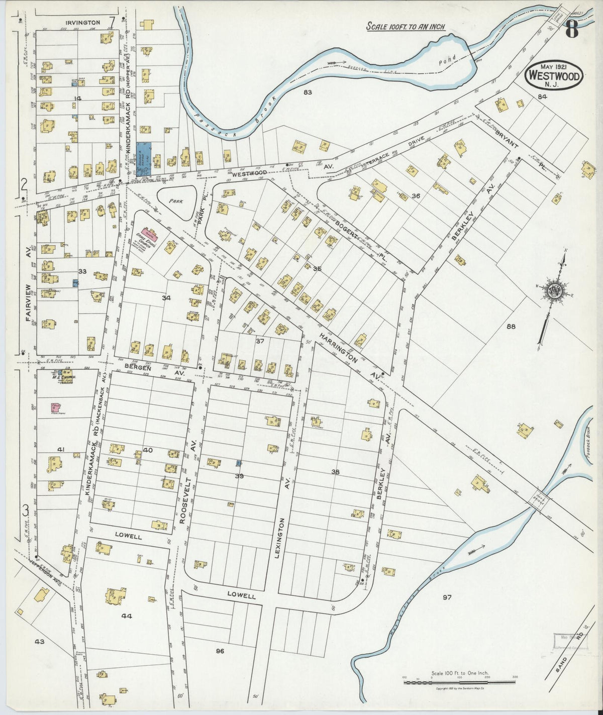 Sanborn Fire Insurance Map from Westwood, Bergen County, New Jersey (1921), Sheet #0008 - Historic Sanborn Fire Insurance Map Print, vintage old map wall art, antique decor, genealogy gift, New Jersey New Jersey map