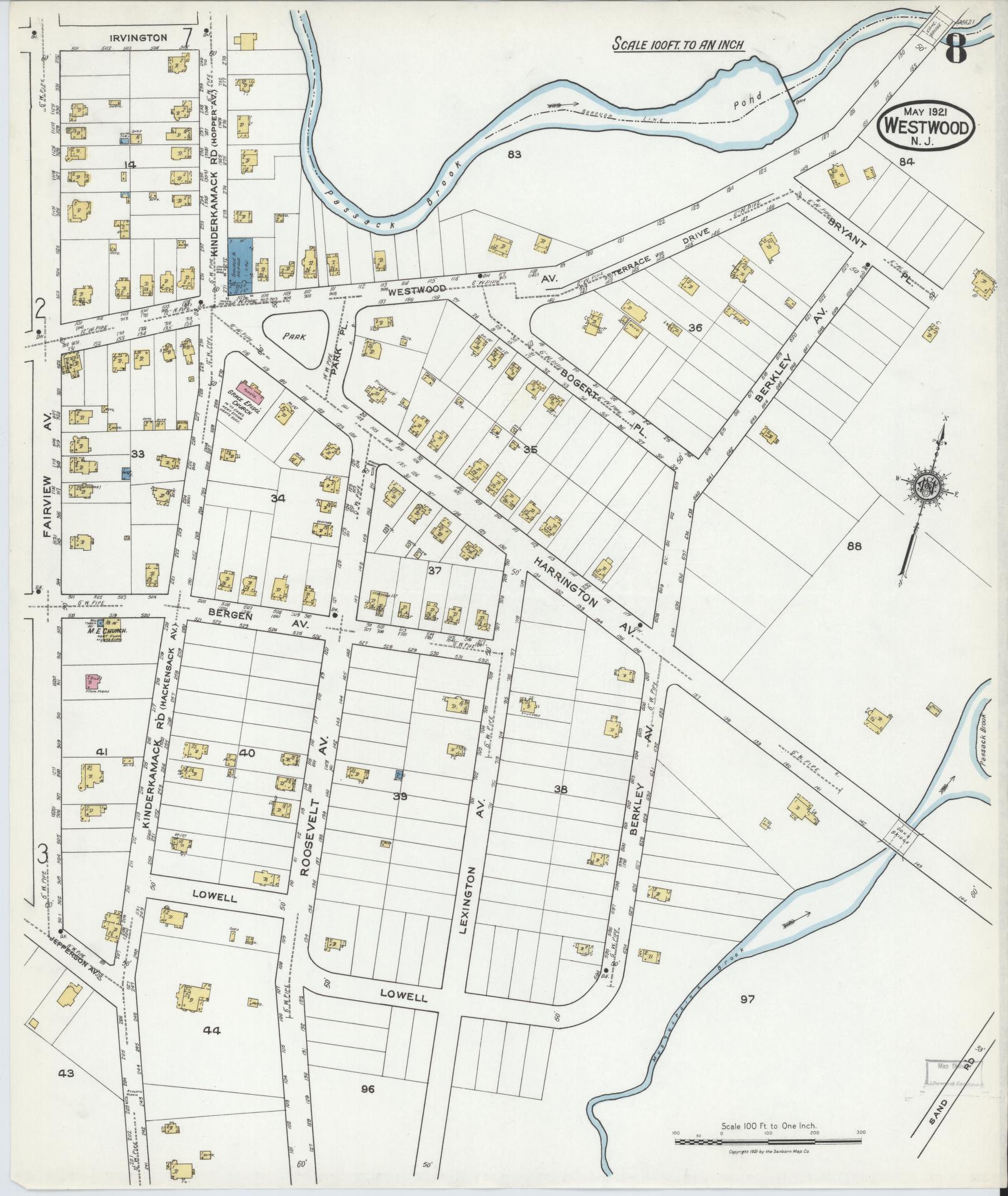 Sanborn Fire Insurance Map from Westwood, Bergen County, New Jersey (1921), Sheet #0008 - Historic Sanborn Fire Insurance Map Print, vintage old map wall art, antique decor, genealogy gift, New Jersey New Jersey map
