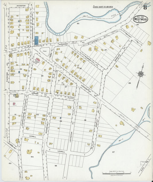 Sanborn Fire Insurance Map from Westwood, Bergen County, New Jersey (1921), Sheet #0008 - Historic Sanborn Fire Insurance Map Print, vintage old map wall art, antique decor, genealogy gift, New Jersey New Jersey map