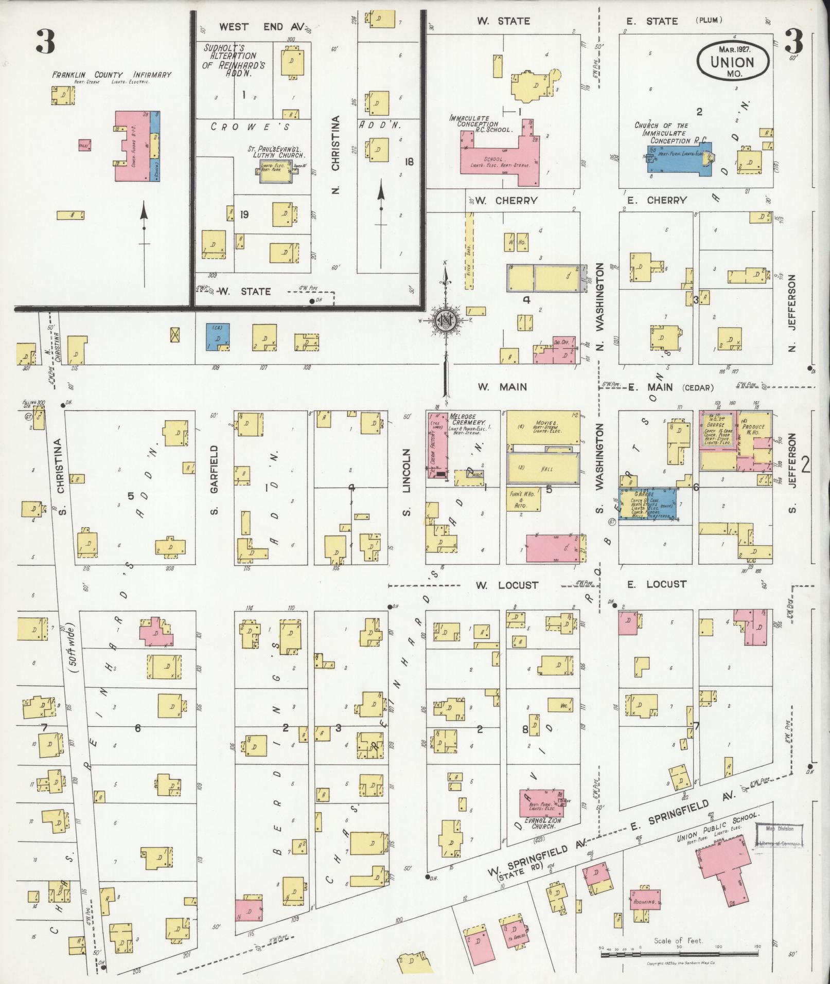 Sanborn Fire Insurance Map from Union, Franklin County, Missouri (1927), Sheet #0003 - Historic Sanborn Fire Insurance Map Print, vintage old map wall art, antique decor, genealogy gift, Missouri Missouri map
