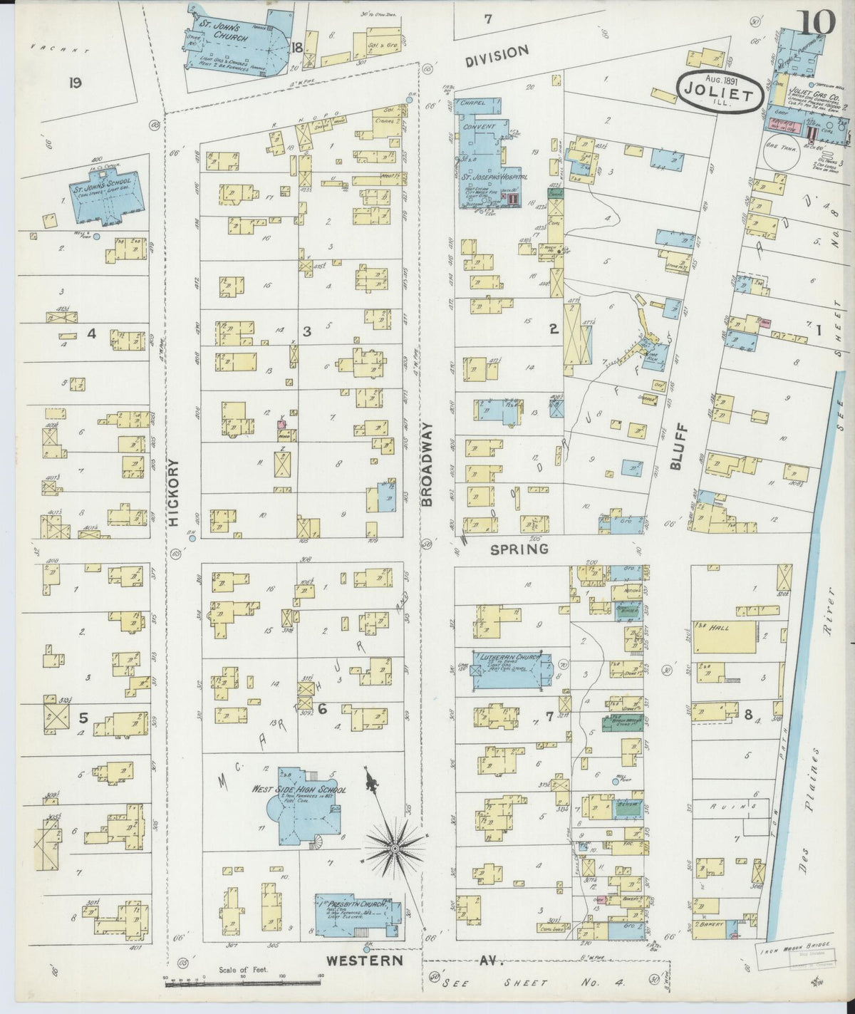 Sanborn Fire Insurance Map from Joliet, Will County, Illinois (1891), Sheet #0010 - Complete Map Set gallery image, historic Sanborn map, vintage wall art, Illinois Illinois