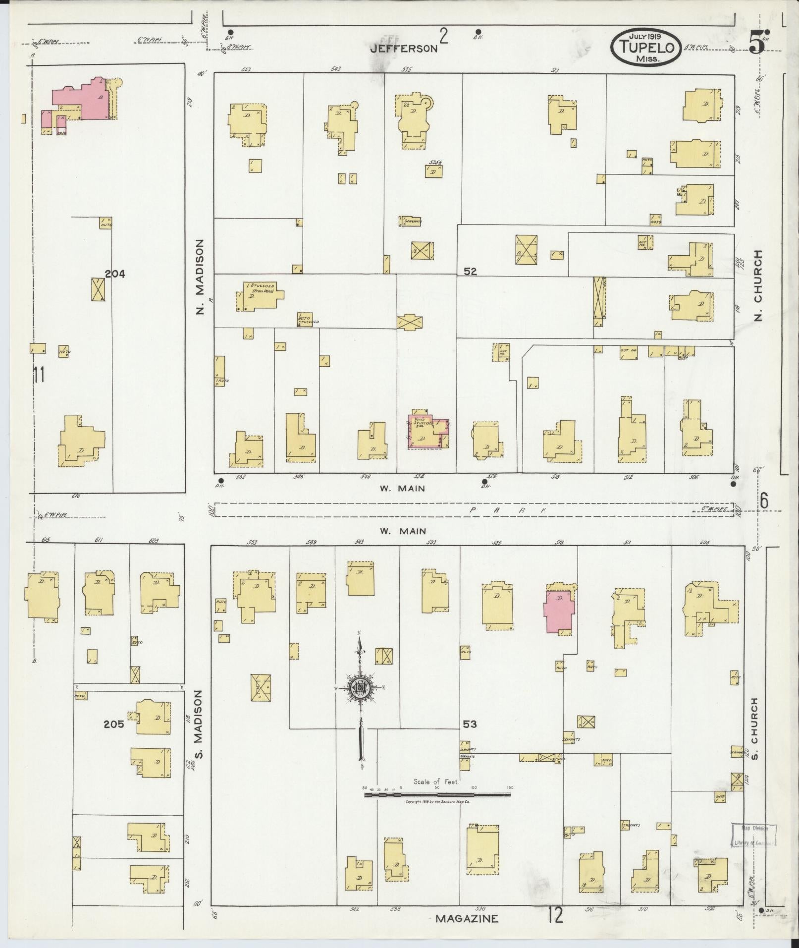 Sanborn Fire Insurance Map from Tupelo, Lee County, Mississippi (1919), Sheet #0005 - Historic Sanborn Fire Insurance Map Print, vintage old map wall art, antique decor, genealogy gift, Mississippi Mississippi map