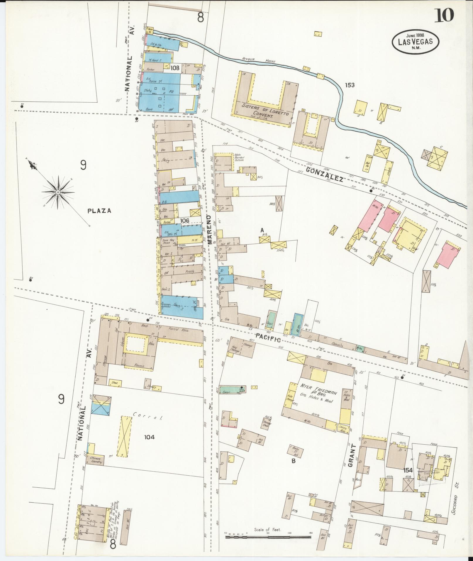 Sanborn Fire Insurance Map from Las Vegas, San Miguel County, New Mexico (1898), Sheet #0010 - Historic Sanborn Fire Insurance Map Print, vintage old map wall art, antique decor, genealogy gift, New Mexico New Mexico map