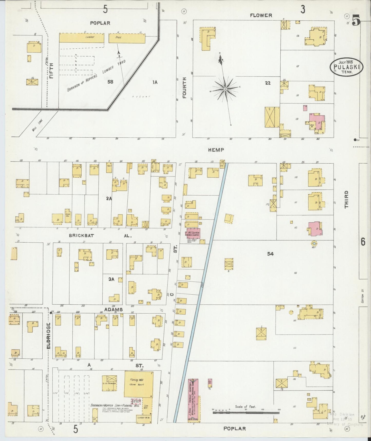 Sanborn Fire Insurance Map from Pulaski, Giles County, Tennessee (1905), Sheet #0005 - Complete Map Set gallery image, historic Sanborn map, vintage wall art, Tennessee Tennessee