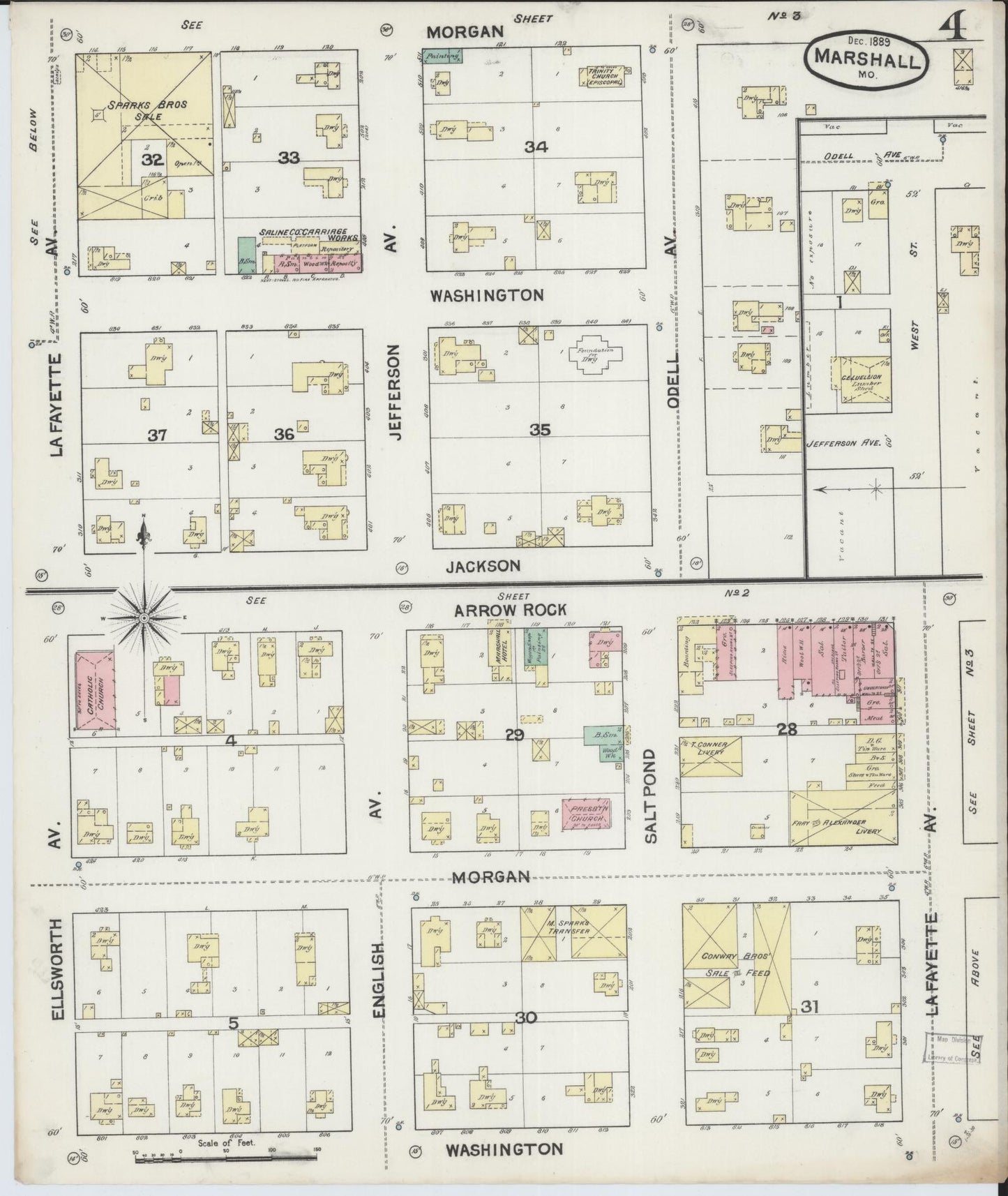 Sanborn Fire Insurance Map from Marshall, Saline County, Missouri (1889), Sheet #0004 - Historic Sanborn Fire Insurance Map Print, vintage old map wall art, antique decor, genealogy gift, Missouri Missouri map