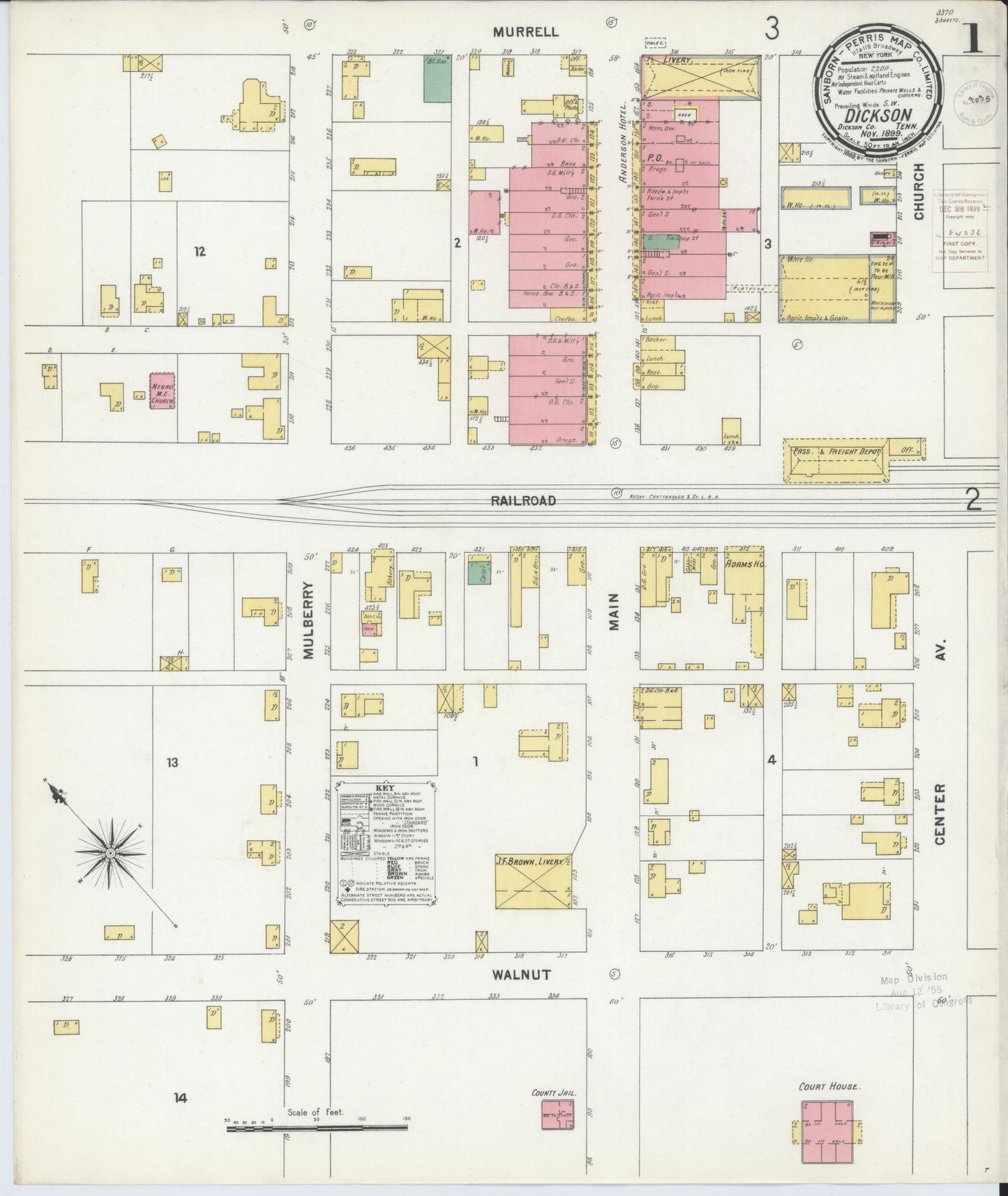 Sanborn Fire Insurance Map from Dickson, Dickson County, Tennessee (1899), Sheet #0001 - Complete Map Set gallery image, historic Sanborn map, vintage wall art, Tennessee Tennessee