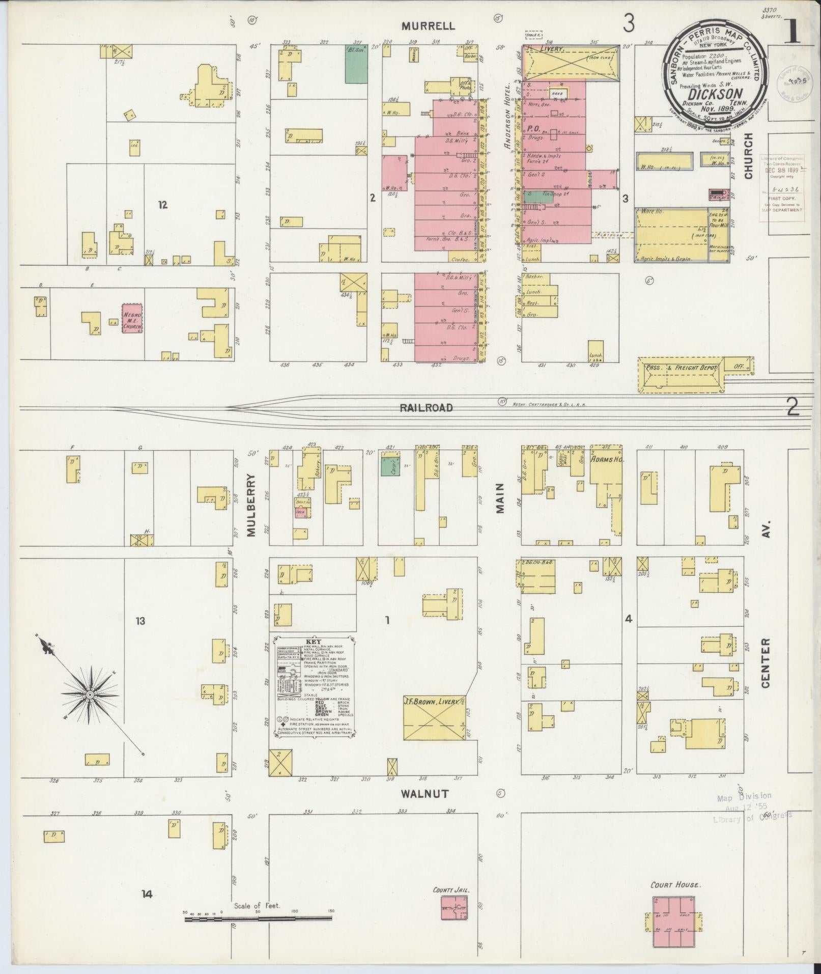Sanborn Fire Insurance Map from Dickson, Dickson County, Tennessee (1899), Sheet #0001 - Complete Map Set gallery image, historic Sanborn map, vintage wall art, Tennessee Tennessee