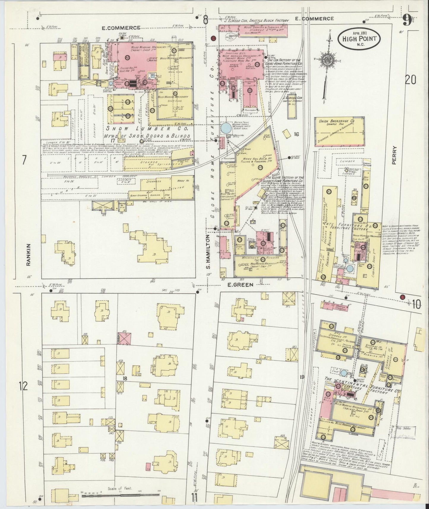 Sanborn Fire Insurance Map from High Point, Guilford County, North Carolina (1911), Sheet #0009 - Historic Sanborn Fire Insurance Map Print, vintage old map wall art, antique decor, genealogy gift, North Carolina North Carolina map