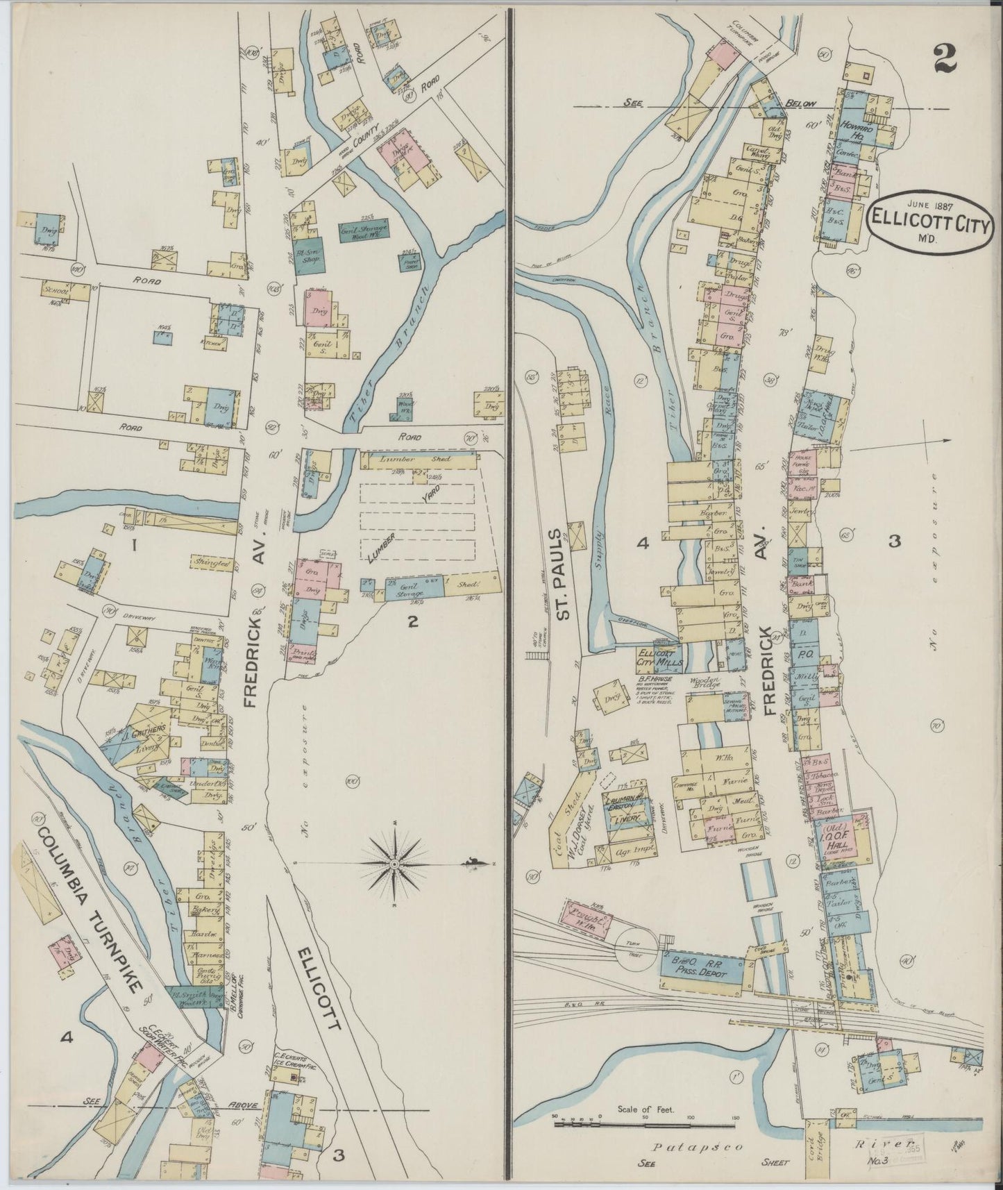 Sanborn Fire Insurance Map from Ellicott City, Howard County, Maryland (1887), Sheet #0002 - Complete Map Set gallery image, historic Sanborn map, vintage wall art, Maryland Maryland