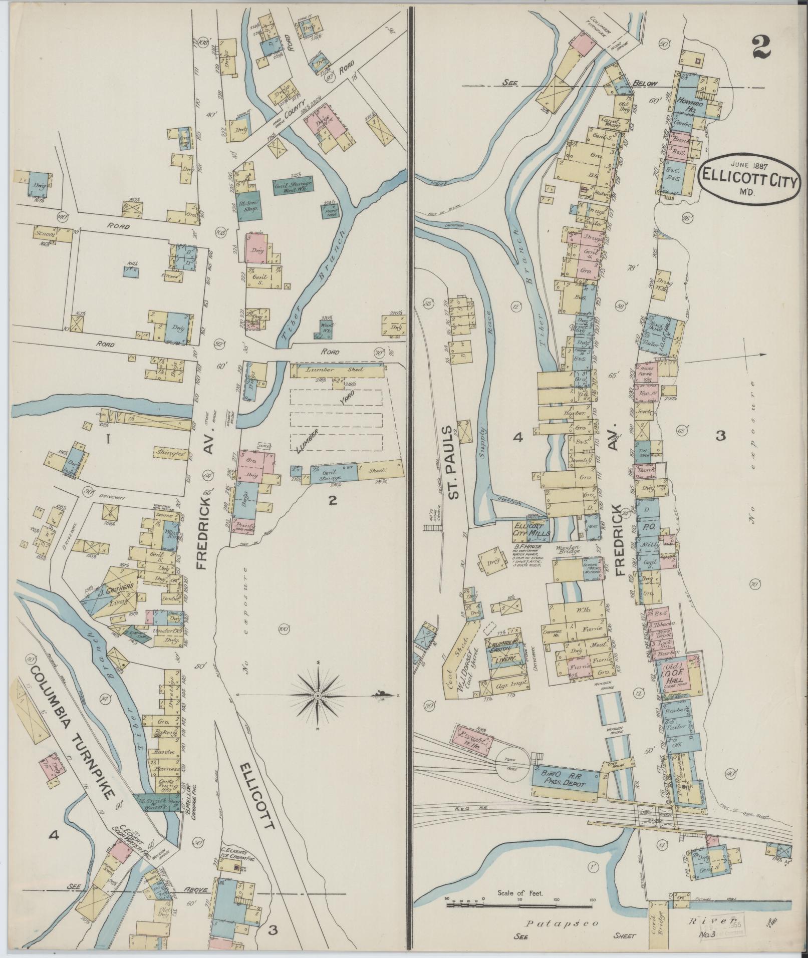 Sanborn Fire Insurance Map from Ellicott City, Howard County, Maryland (1887), Sheet #0002 - Complete Map Set gallery image, historic Sanborn map, vintage wall art, Maryland Maryland