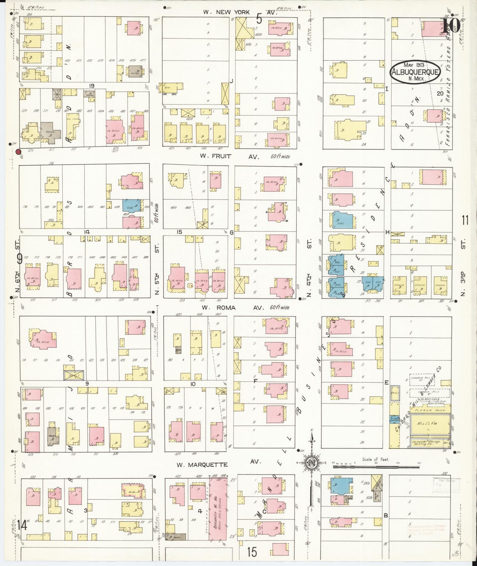 Sanborn Fire Insurance Map from Albuquerque, Bernalillo County, New Mexico (1913), Sheet #0010 - Complete Map Set gallery image, historic Sanborn map, vintage wall art, New Mexico New Mexico