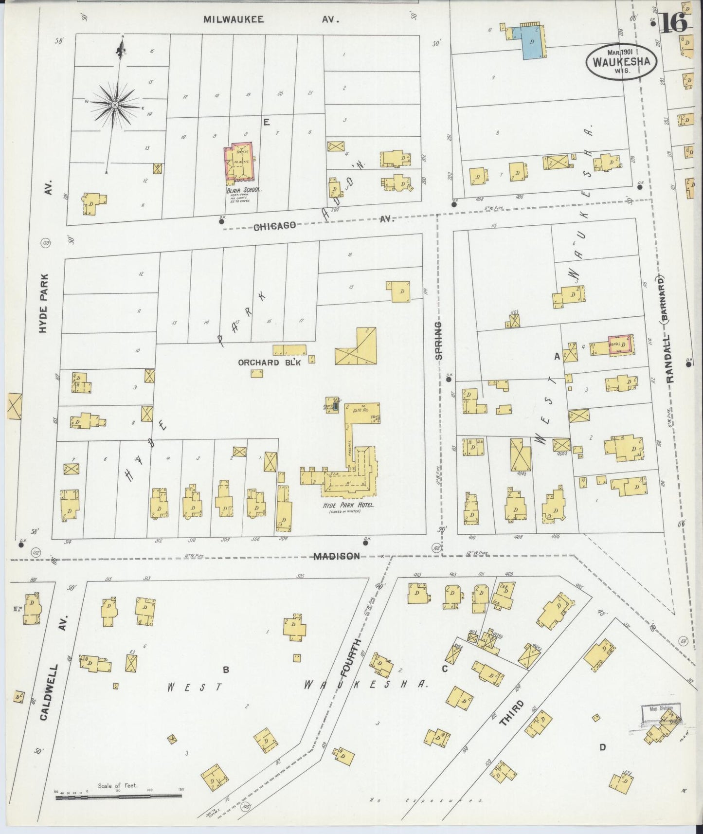 Sanborn Fire Insurance Map from Waukesha, Waukesha County, Wisconsin (1901), Sheet #0016 - Historic Sanborn Fire Insurance Map Print, vintage old map wall art, antique decor, genealogy gift, Wisconsin Wisconsin map