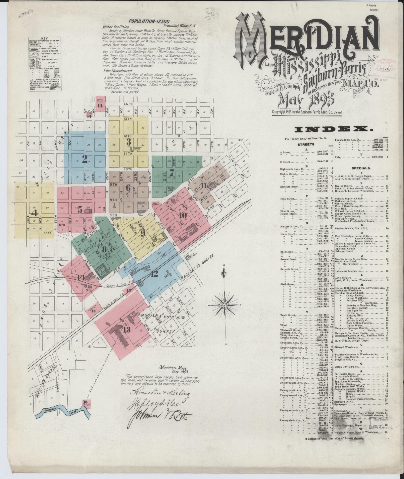Sanborn Fire Insurance Map from Meridian, Lauderdale County, Mississippi (1893), Sheet #0001 - Historic Sanborn Fire Insurance Map Print, vintage old map wall art, antique decor, genealogy gift, Mississippi Mississippi map