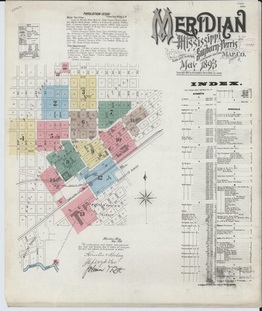 Sanborn Fire Insurance Map from Meridian, Lauderdale County, Mississippi (1893), Sheet #0001 - Historic Sanborn Fire Insurance Map Print, vintage old map wall art, antique decor, genealogy gift, Mississippi Mississippi map