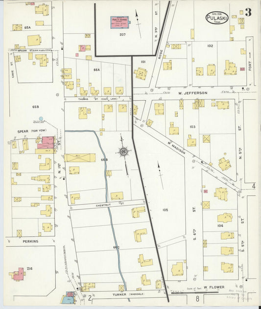 Sanborn Fire Insurance Map from Pulaski, Giles County, Tennessee (1916), Sheet #0003 - Historic Sanborn Fire Insurance Map Print, vintage old map wall art, antique decor, genealogy gift, Tennessee Tennessee map