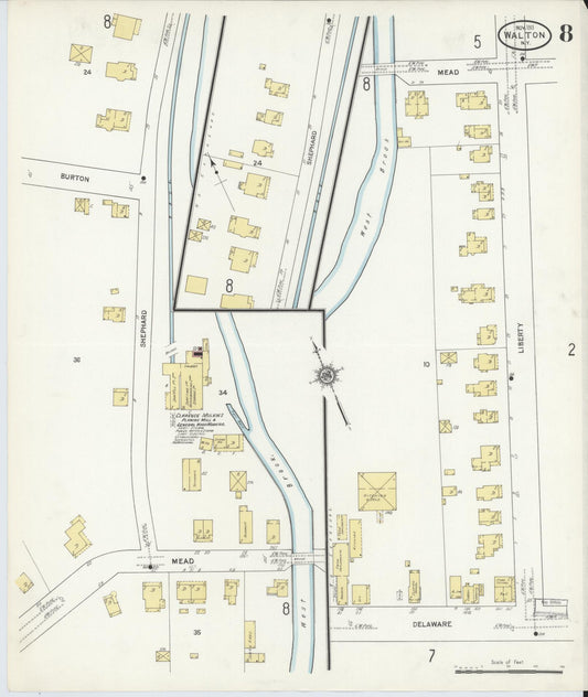 Sanborn Fire Insurance Map from Walton, Delaware County, New York (1911), Sheet #0008 - Historic Sanborn Fire Insurance Map Print, vintage old map wall art, antique decor, genealogy gift, New York New York map