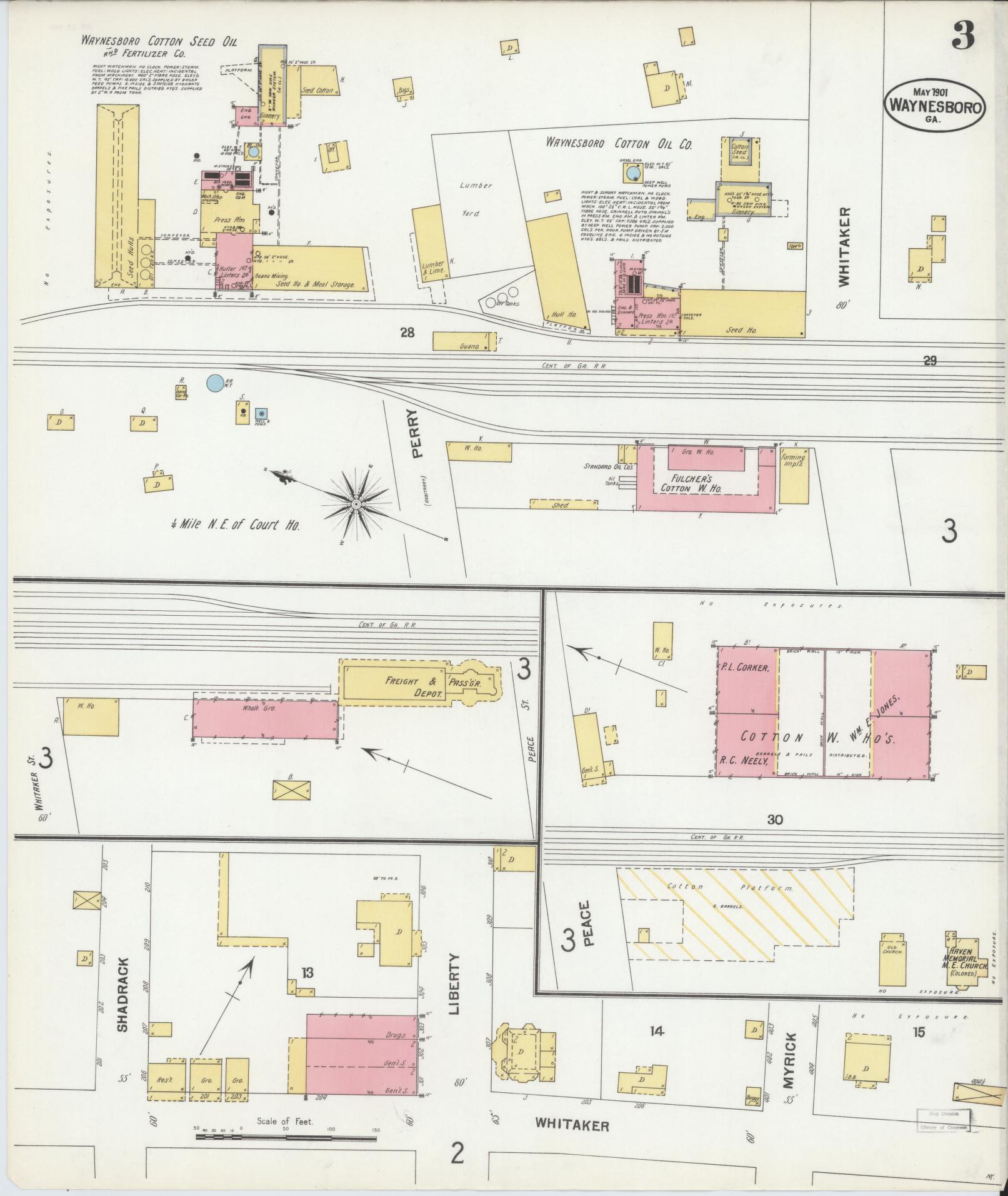 Sanborn Fire Insurance Map from Waynesboro, Burke County, Georgia (1901), Sheet #0003 - Complete Map Set gallery image, historic Sanborn map, vintage wall art, Georgia Georgia