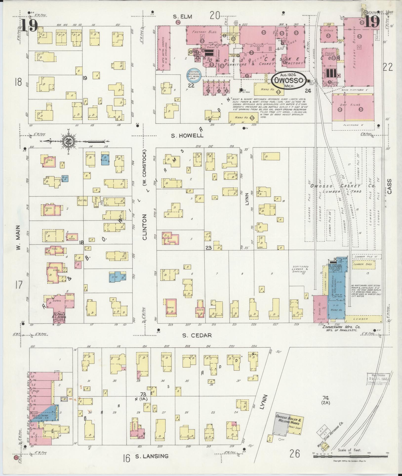 Sanborn Fire Insurance Map from Owosso, Shiawassee County, Michigan (1924), Sheet #0019 - Historic Sanborn Fire Insurance Map Print, vintage old map wall art, antique decor, genealogy gift, Michigan Michigan map