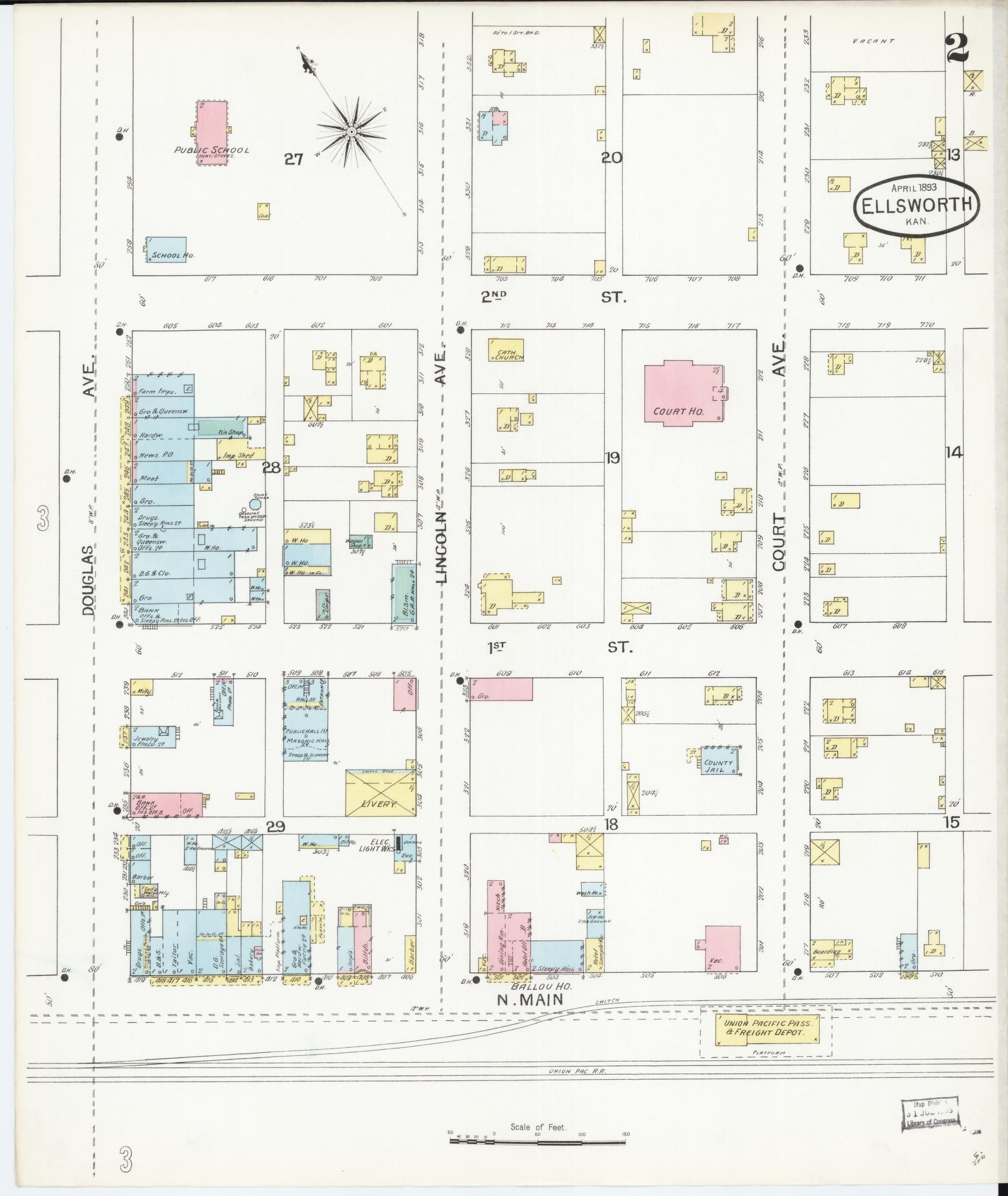 Sanborn Fire Insurance Map from Ellsworth, Ellsworth County, Kansas (1893), Sheet #0002 - Historic Sanborn Fire Insurance Map Print, vintage old map wall art, antique decor, genealogy gift, Kansas Kansas map