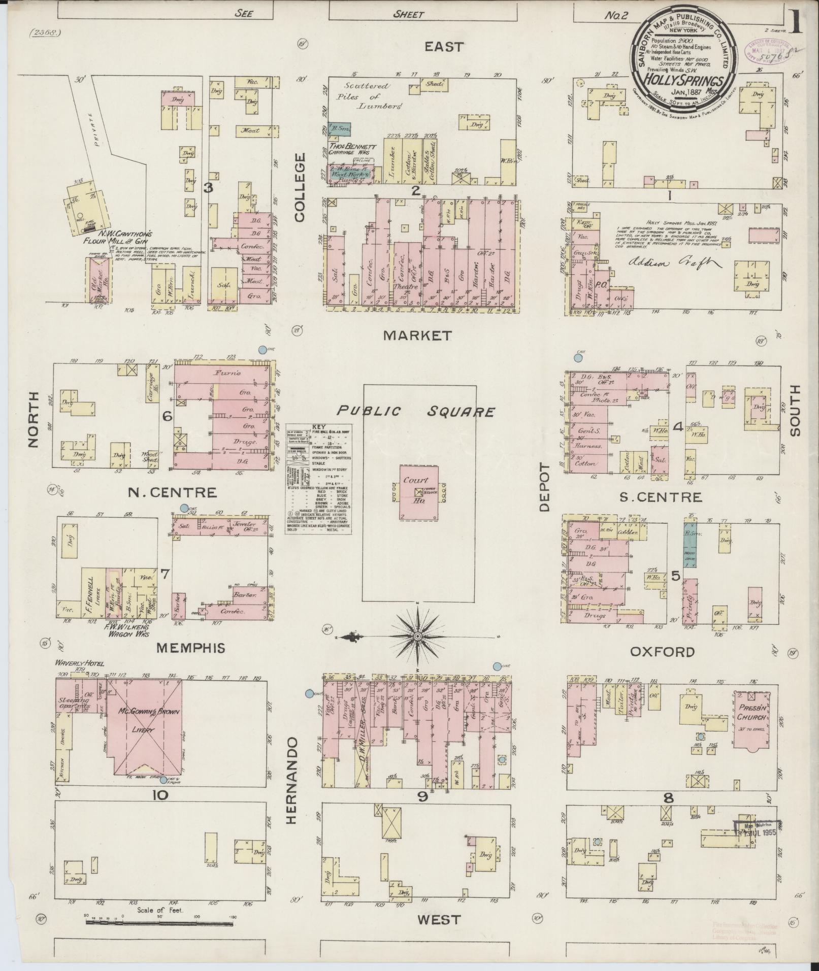 Sanborn Fire Insurance Map from Holly Springs, Marshall County, Mississippi (1887), Sheet #0001 - Complete Map Set gallery image, historic Sanborn map, vintage wall art, Mississippi Mississippi