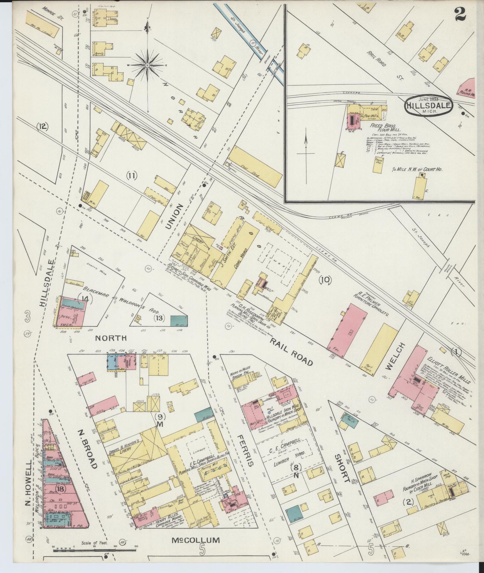 Sanborn Fire Insurance Map from Hillsdale, Hillsdale County, Michigan (1893), Sheet #0002 - Complete Map Set gallery image, historic Sanborn map, vintage wall art, Michigan Michigan