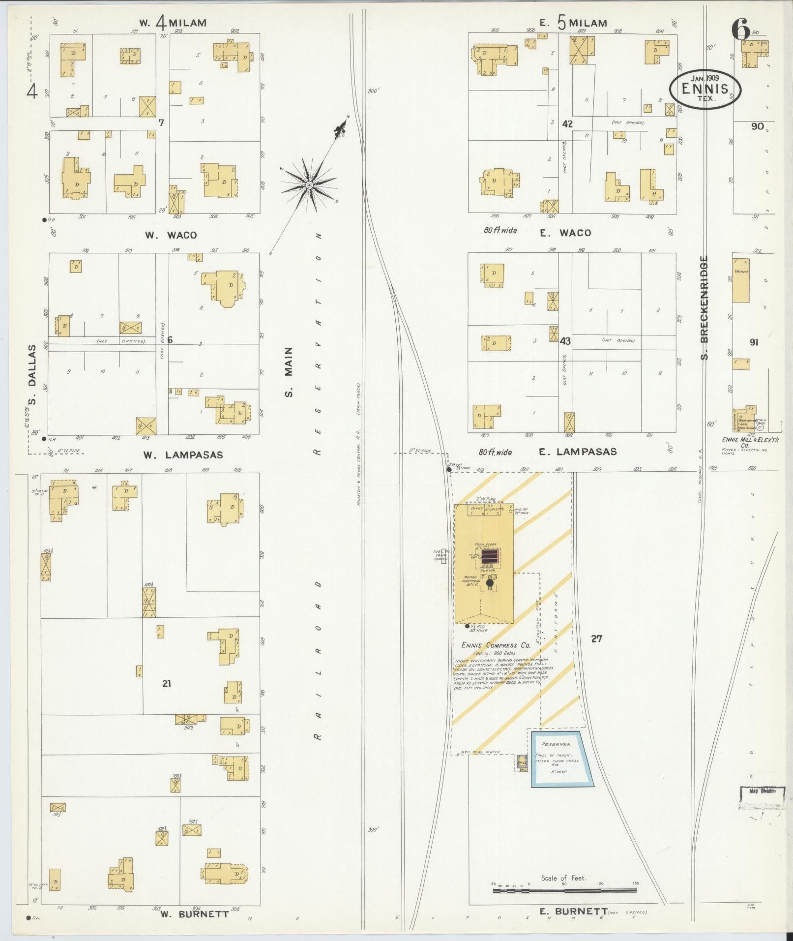 Sanborn Fire Insurance Map from Ennis, Ellis County, Texas (1909), Sheet #0006 - Complete Map Set gallery image, historic Sanborn map, vintage wall art, Texas Texas