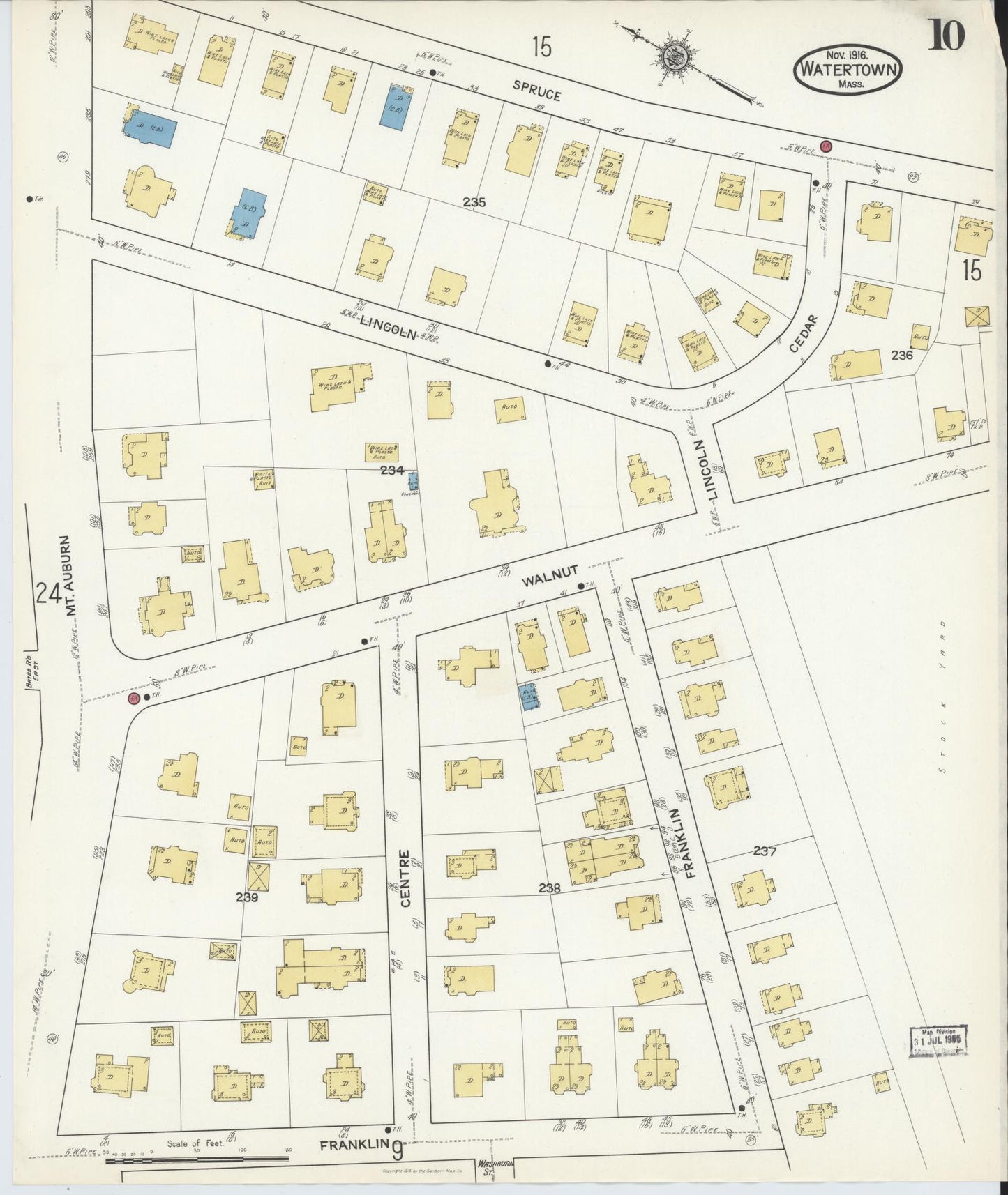 Sanborn Fire Insurance Map from Watertown, Middlesex County, Massachusetts (1916), Sheet #0010 - Historic Sanborn Fire Insurance Map Print, vintage old map wall art, antique decor, genealogy gift, Massachusetts Massachusetts map