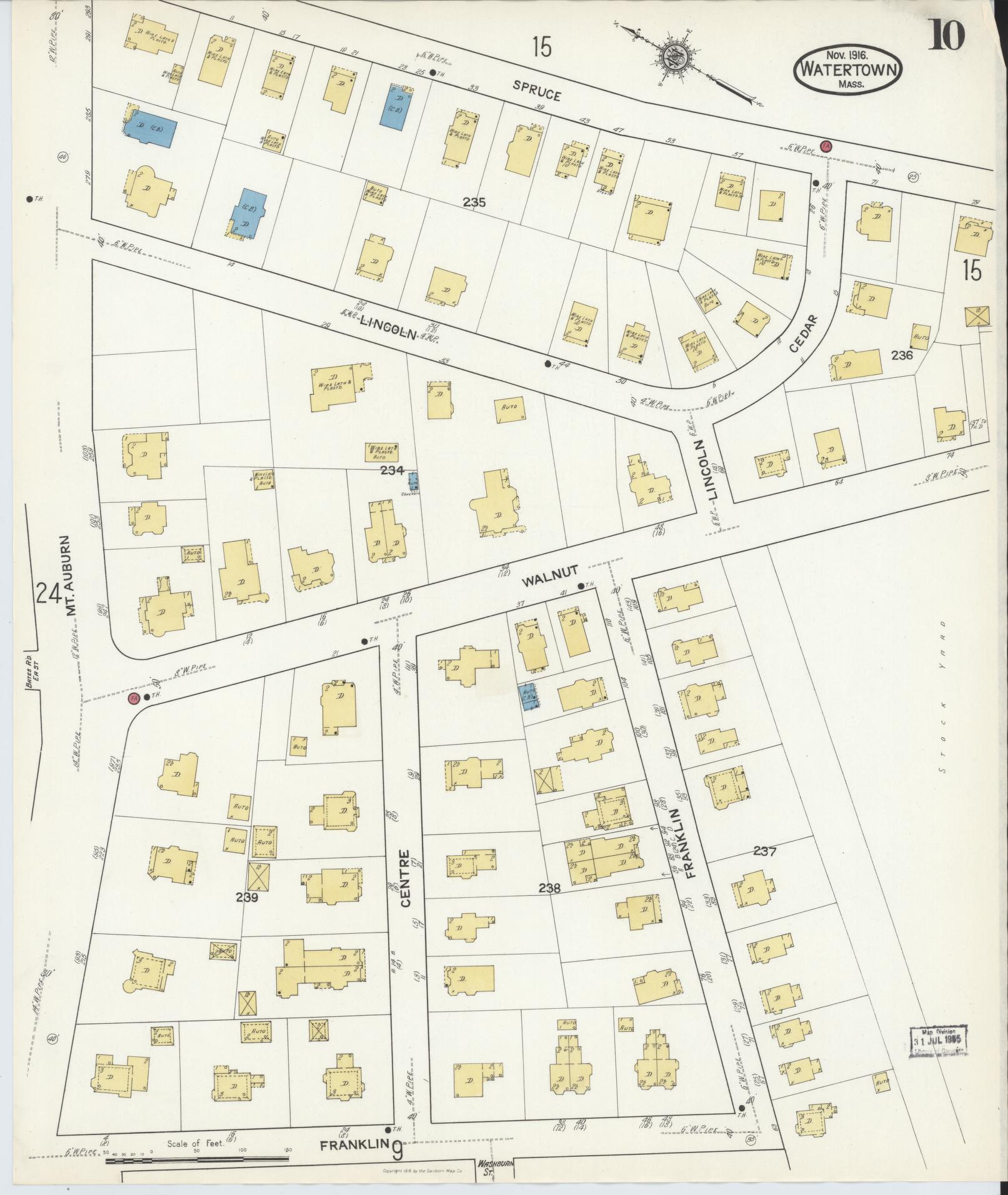 Sanborn Fire Insurance Map from Watertown, Middlesex County, Massachusetts (1916), Sheet #0010 - Historic Sanborn Fire Insurance Map Print, vintage old map wall art, antique decor, genealogy gift, Massachusetts Massachusetts map