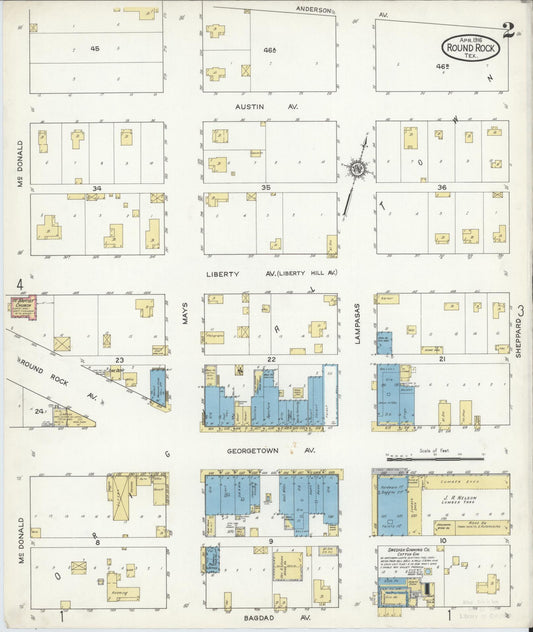 Sanborn Fire Insurance Map from Round Rock, Williamson County, Texas (1916), Sheet #0002 - Historic Sanborn Fire Insurance Map Print, vintage old map wall art, antique decor, genealogy gift, Texas Texas map