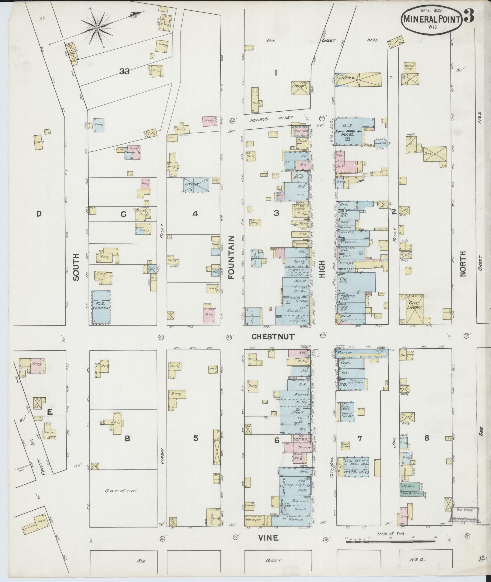 Sanborn Fire Insurance Map from Mineral Point, Iowa County, Wisconsin (1889), Sheet #0003 - Complete Map Set gallery image, historic Sanborn map, vintage wall art, Wisconsin Wisconsin